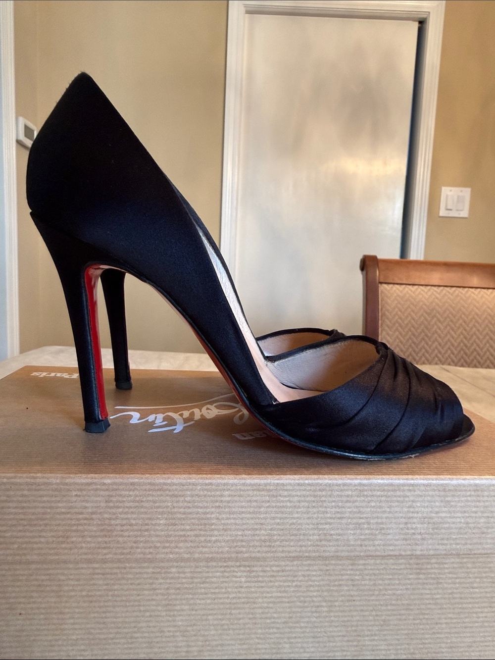 Christian Louboutin Black Satin Peep-Toe Pumps with Ruched Vamp - Picture 3 of 7